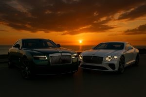 Rolls-Royce Spectre in emerald green and Bentley Continental GT Speed in pearl white on a coastal road at sunset — ultimate luxury showdown.