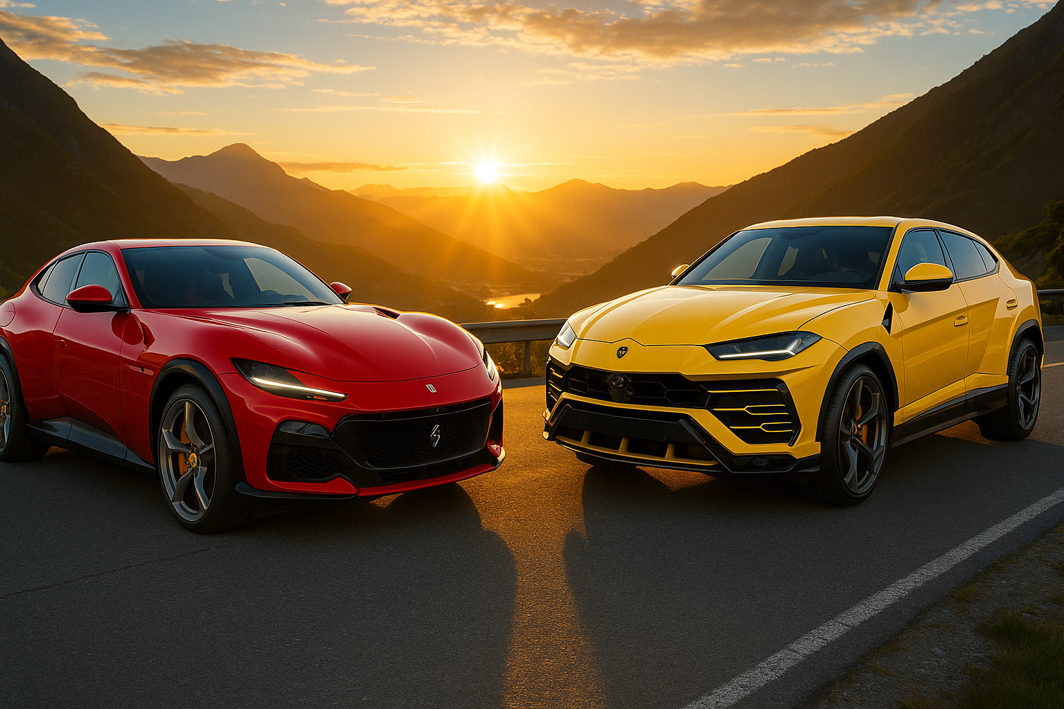 Ferrari Purosangue in red and Lamborghini Urus Performante in yellow on a bright mountain road at sunrise — luxury SUV supercar showdown