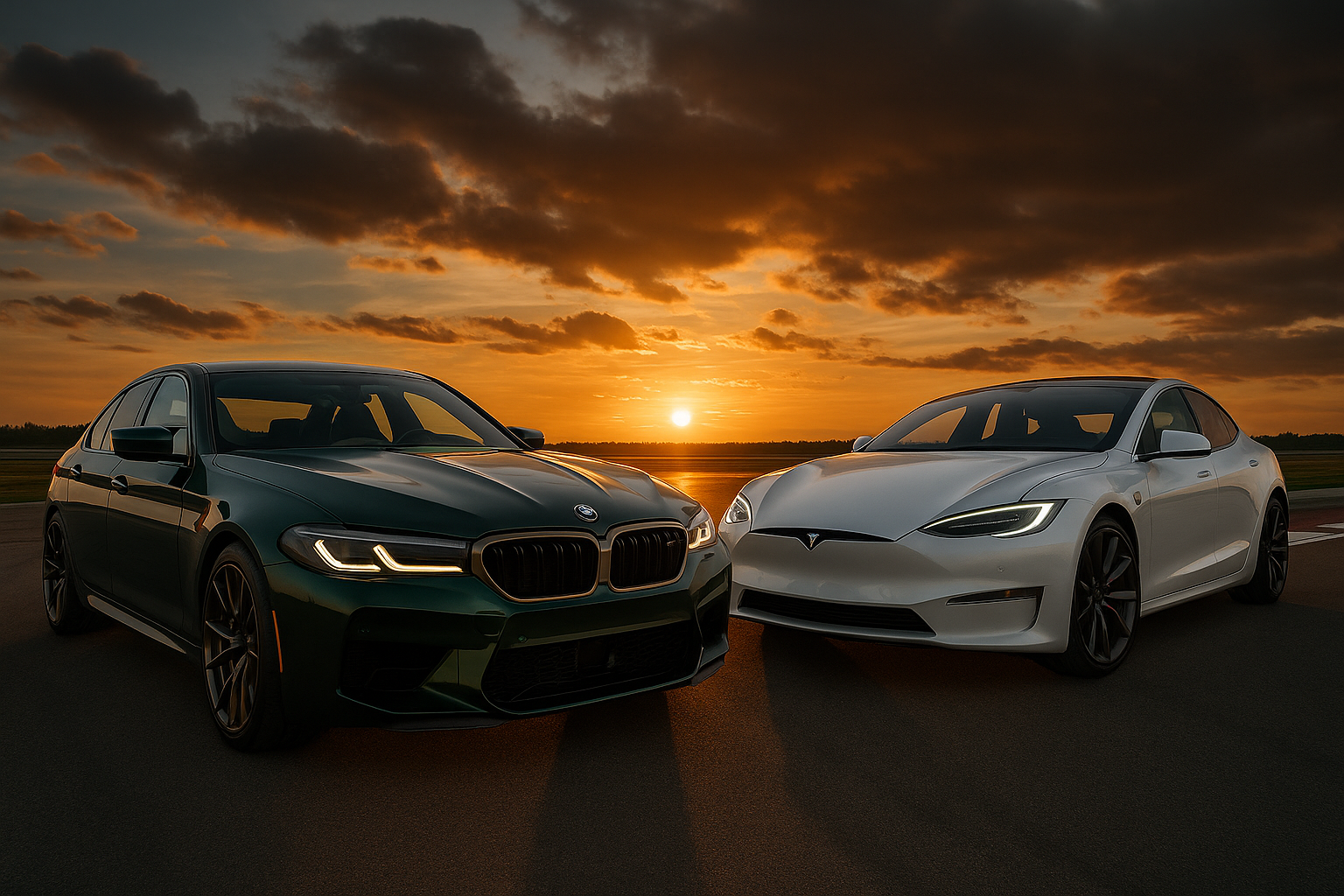 BMW M5 CS facing Tesla Model S Plaid on a racetrack — German muscle vs electric speed