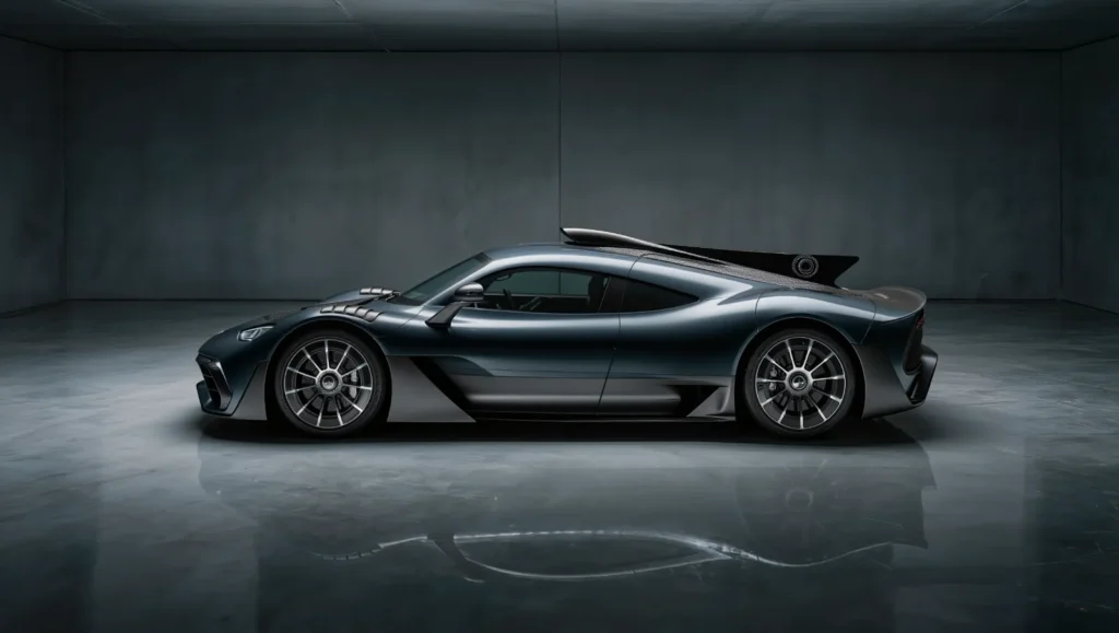 Mercedes-AMG ONE hypercar side profile in a dark garage