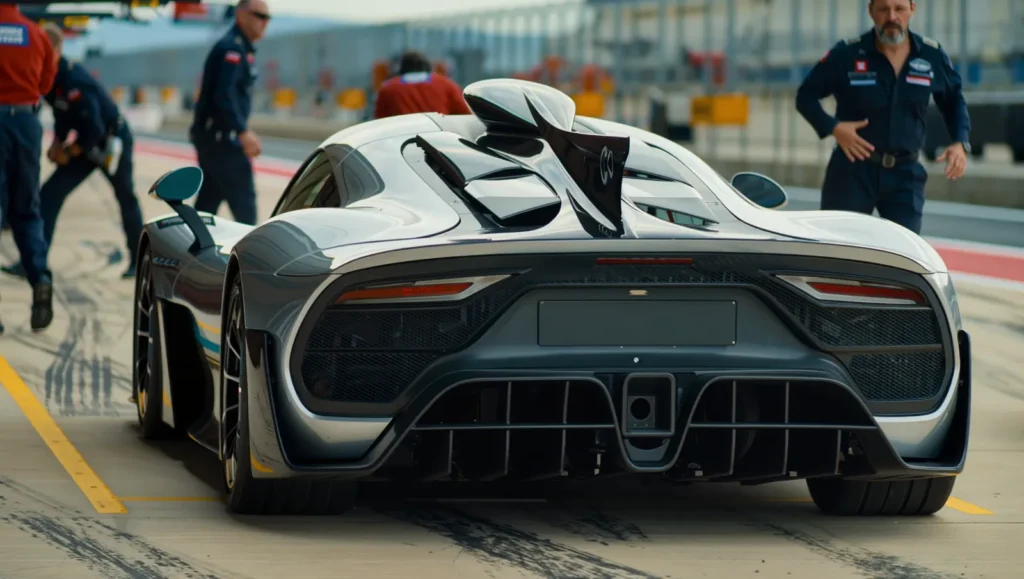 Rear view of the Mercedes-AMG ONE in a pit lane