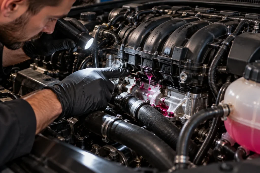 Mechanic checking a B48 oil filter housing coolant leak