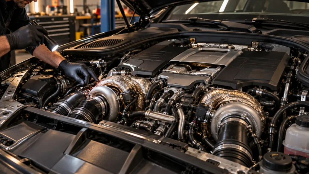 Mechanic inspecting a Mercedes-AMG E63 S twin-turbo V8 engine bay