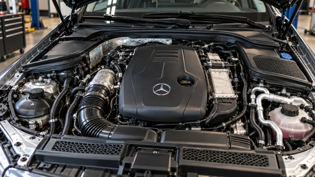Mercedes C300 2.0-liter turbo engine bay