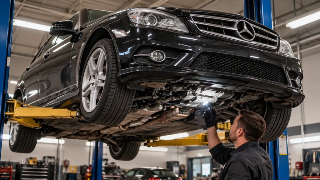 Mechanic inspecting a used Mercedes C300 before purchase