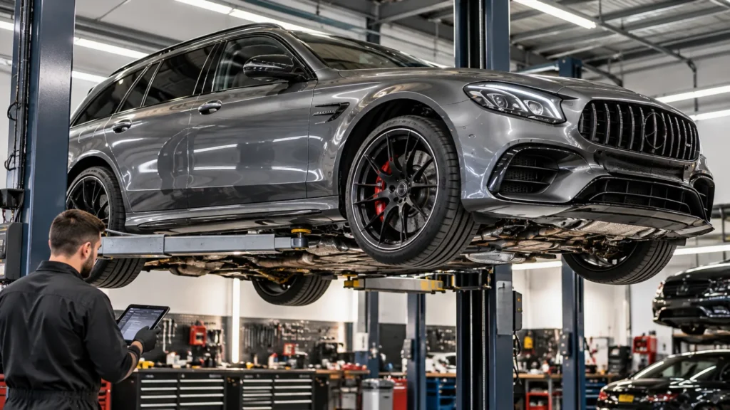 Mercedes-AMG E63 S wagon on a lift during a pre-purchase inspection