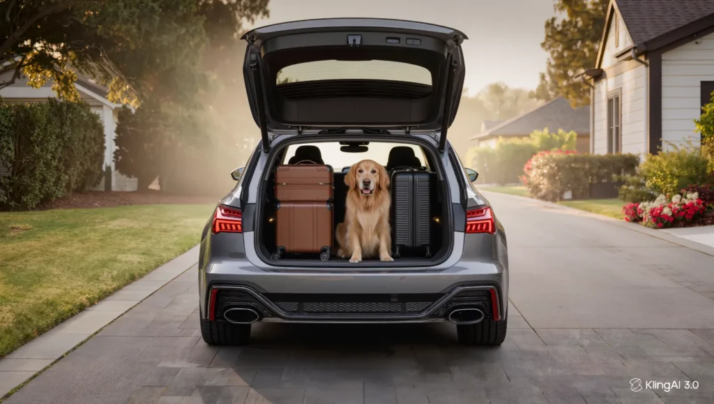 Audi RS6 Avant cargo space with luggage and family dog