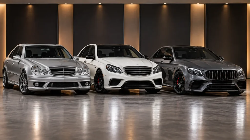 Three generations of Mercedes-AMG E63 sedans side by side